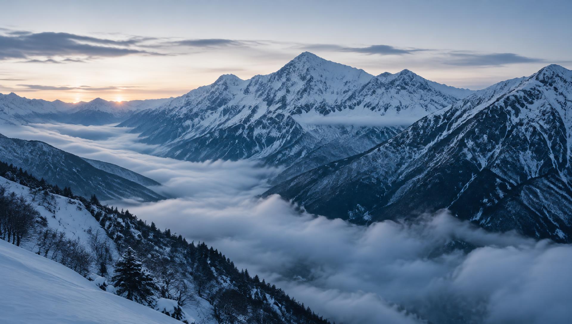 Snow-covered Japanese mountain peaks at dawn