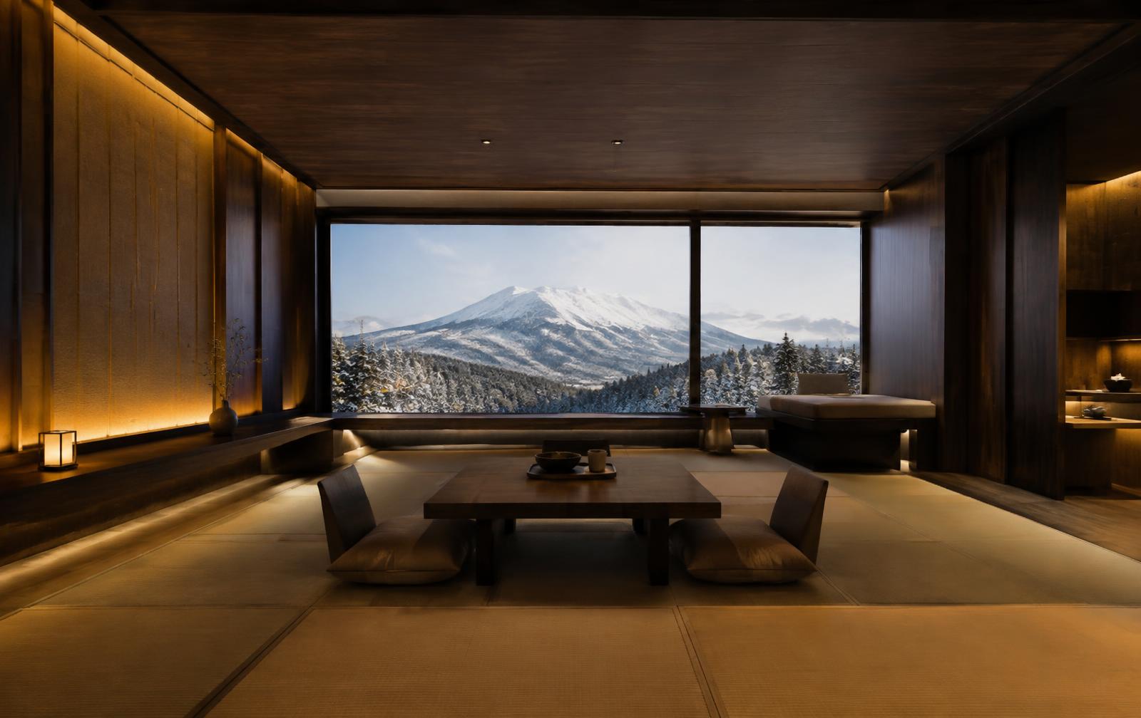 Contemporary Japanese ryokan interior framing a snowy mountain view